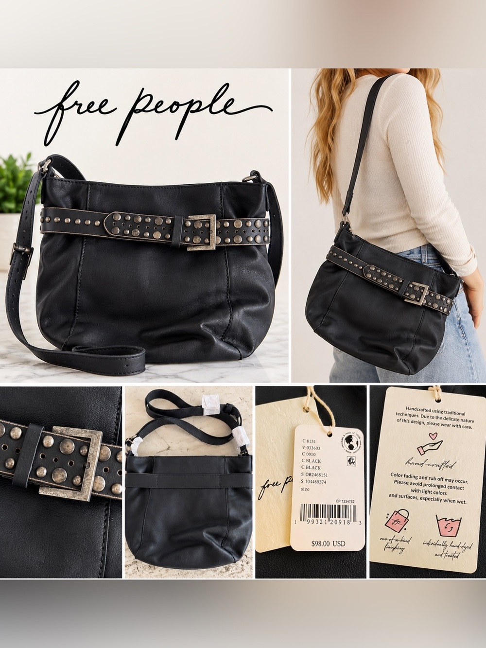 Free People Black Leather Studded Belt Crossbody Bag NWT